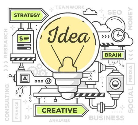 Vector illustration of creative professional mechanism to make ideas on white background. Draw line art style monochrome design with green and yellow colors for web, site, advertising, banner, poster, printのイラスト素材