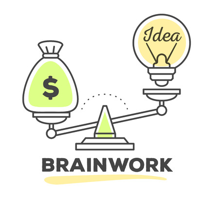Vector illustration of mechanism to compare value of money and idea on scales on white background. Draw flat thin line art style monochrome design with green and yellow colors for web, site, advertising, banner, poster, print.のイラスト素材