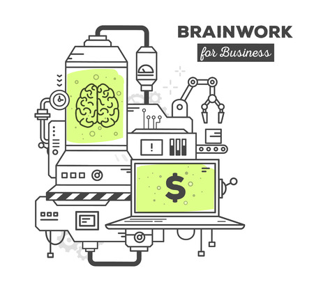 Vector illustration of creative professional mechanism of brainwork with text on white background. Draw flat thin line art style monochrome design with green color. Modern concept to earn on a brain workのイラスト素材