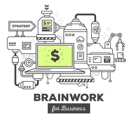 Vector illustration of creative professional mechanism to make money on white background. Draw flat thin line art style monochrome design with green color. Modern concept to make moneyのイラスト素材