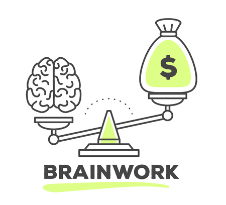 Vector illustration of mechanism to compare value of brainwork and money on scales on white background. Draw flat thin line art style monochrome design with green color for web, site, advertising, banner, poster, print.のイラスト素材