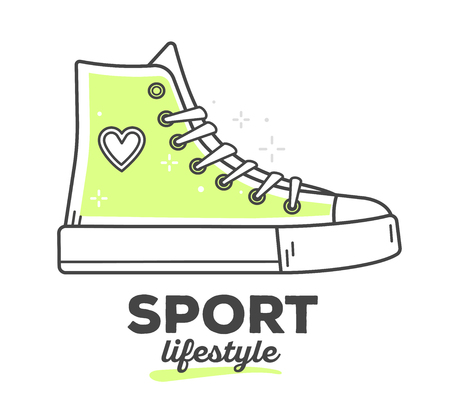 Vector illustration of creative sport sneakers shoe with text on white background. Sport life style concept. Hand draw flat thin line art style monochrome design of footwear with green color for web, site, advertising, banner, poster, printのイラスト素材