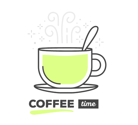 Vector illustration of creative cup of coffee with spoon with text on white background. Coffee time concept. Hand draw flat thin line art style monochrome design of coffee with green color for web, site, advertising, banner, poster, printのイラスト素材