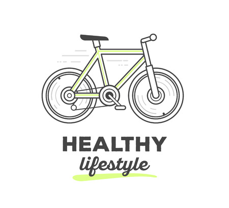 Vector illustration of creative sport bicycle with text on white background. Healthy life style concept. Hand draw flat thin black line art style monochrome design of bicycle with green color for active sport web, site, advertising, banner, poster, printのイラスト素材