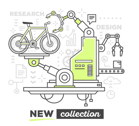 Vector illustration of creative professional mechanism to produce a new bicycle with text on white background. Draw flat thin line art style monochrome design with green color for web, site, advertising, banner, poster, printのイラスト素材
