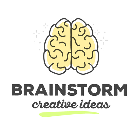 Vector illustration of creative brain with text on white background. Creative ideas concept. Hand draw flat thin black line art style monochrome design of brain yellow color for idea and brainstorm themeのイラスト素材