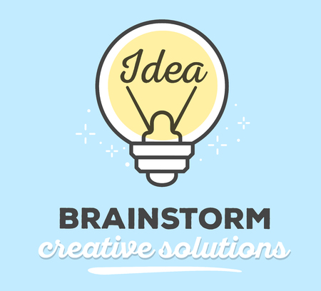 Vector illustration of creative light bulb with text on blue background. Creative solutions concept. Hand draw flat thin black line art style monochrome design of light bulb yellow color for idea and brainstorm themeのイラスト素材