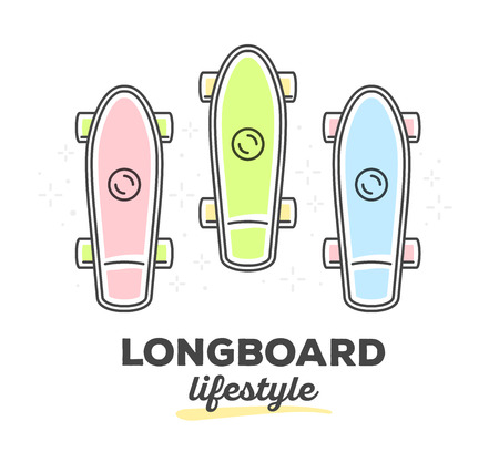 Vector illustration of set of colorful longboards with text on white background. Longboard lifestyle concept. Hand draw flat thin line art style monochrome design of longboard for active sport web, site, advertising, banner, poster, printのイラスト素材