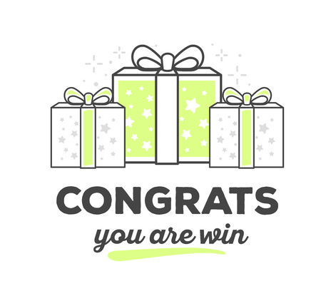 Vector illustration of creative gift box with bow with text on white background.  Congrats concept. Hand draw flat thin line art style monochrome design of gift with green color for web, site, advertising, banner, poster, printのイラスト素材