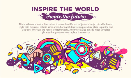 Vector illustration of colorful abstract composition with header and text on light background. Inspire the world. Create the future concept template. Line art futuristic artwork. Design for web, site, banner, poster, board, card, leaflet,のイラスト素材