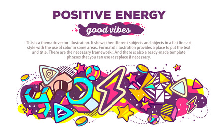 Vector illustration of colorful abstract composition with header and text on white background. Good vibes. Positive energy concept template. Line art design for web, site, banner, poster, board, card, paper print, t-shirt.のイラスト素材
