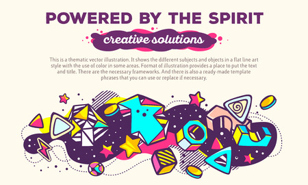 Vector illustration of colorful abstract composition with header and text on light background. Powered by the spirit. Creative solutions concept template. Line art design for web, site, banner, poster, board, card, paper print, t-shirt.のイラスト素材