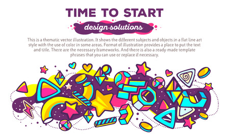 Vector illustration of colorful abstract composition with header and text on white background. Time to start. Design solutions concept template. Line art design for web, site, banner, poster, board, card, paper print, t-shirt.のイラスト素材