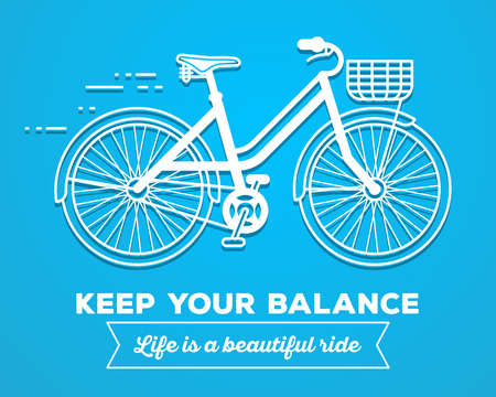 Vector illustration of white color moving fast bicycle with basket and text keep your balance, life is a beautiful ride on blue background. Bike adventure concept. Thin line art flat design of female bicycle, riding on the bicycle and cycling themeのイラスト素材