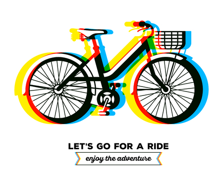 Vector illustration of colorful bicycle with basket and text let's go for a ride, enjoy the adventure on white background. Bike adventure concept. Line art flat design of female bicycle, riding on the bicycle and cycling themeのイラスト素材