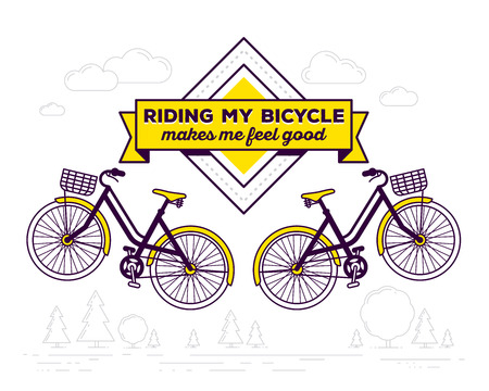 Vector illustration of retro bicycle with basket and text riding my bicycle makes me feel good on white outdoor background. Bike emblem concept. Thin line art flat design of vintage bicycle, riding on the bicycle and cycling themeのイラスト素材