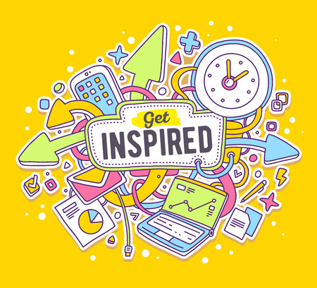 Vector colorful illustration of office objects with text on yellow background. Get inspired concept. Thin line art flat design of laptop, clock, phone, documents for motivational and inspirational themeのイラスト素材