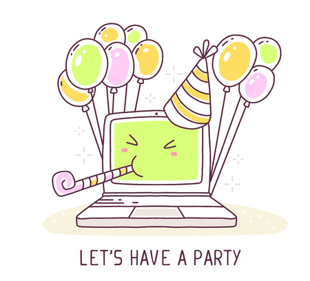 Vector illustration of green color laptop with colorful balloons and text on white background. Greetings concept. Thin line art flat design of laptop for birthday greeting and party invitationのイラスト素材