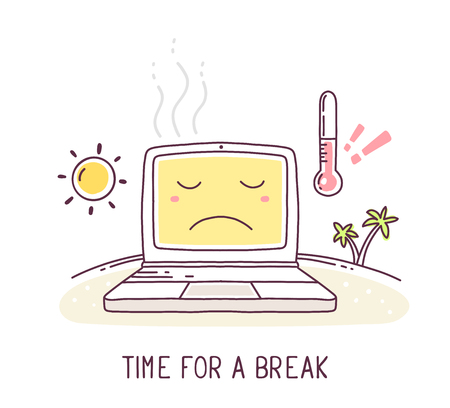 Vector illustration of yellow color sad laptop with sun and thermometer and text on white background. Break time concept. Thin line art flat design of laptop for break reminder soft, software, app, application, card, posterのイラスト素材