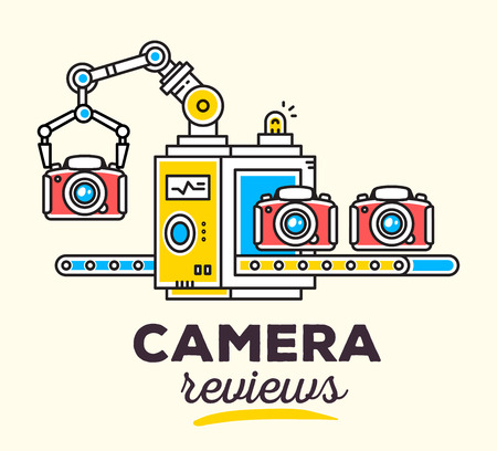 Vector illustration of creative professional mechanism with conveyor to produce a new camera with text on light background. Draw flat thin line art style monochrome design for photo camera reviews themeのイラスト素材