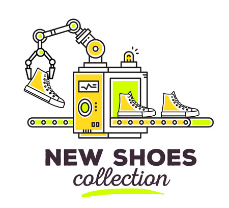 Vector illustration of creative professional mechanism with conveyor to produce a new sport footwear with text on light background. Draw flat thin line art style monochrome design for new shoes collection themeのイラスト素材