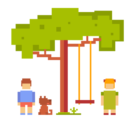 Vector colorful illustration of small girl, boy, dog happy friends on white background.  Children walk and play with the dog outdoor concept. Retro flat 8-bit pixel art design of friendship theme.のイラスト素材