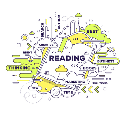 Vector creative illustration of mobile reading with open book and tag cloud on white background. Mobile reading technology concept. Hand draw thin line art style monochrome design with open book for mobile reading themeのイラスト素材