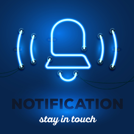 Vector illustration of realistic neon alarm bell with wires and text notification, stay in touch on dark blue background. Glowing neon light tube art style design for mobile notification themeのイラスト素材