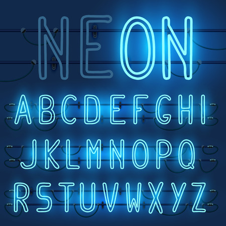 Vector set of realistic neon letters of the english alphabet with wires on blue background. Glowing neon light latin alphabet font. Type letters, neon tube letters on dark background. Lights on or offのイラスト素材