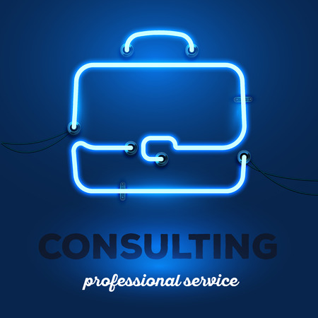 Vector illustration of realistic neon business briefcase with wires and text consulting, professional service on dark blue background. Glowing neon light tube art style design for business consulting themeのイラスト素材
