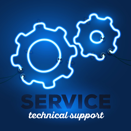 Vector illustration of realistic neon gears with wires and text service, technical support on dark blue background. Glowing neon light tube art style design for technical support themeのイラスト素材