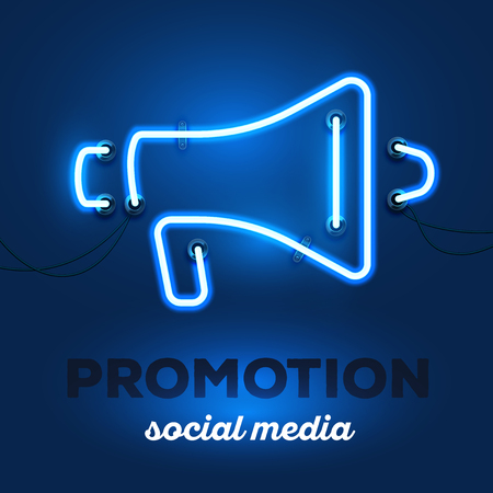 Vector illustration of realistic neon megaphone with wires and text promotion, social media on dark blue background. Glowing neon light tube art style design for social media themeのイラスト素材