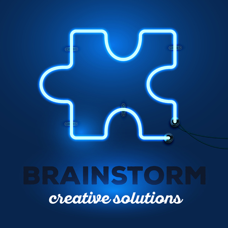 Vector illustration of realistic neon piece of puzzle with wires and text brainstorm, creative solutions on dark blue background. Glowing neon light tube art style design for brainstorm themeのイラスト素材