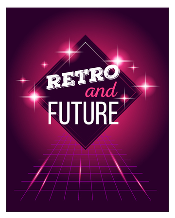 Vector illustration of retro disco 80s neon with text retro and future poster made in tron style with flares, partickles on dark red background. Glowing neon light art style design 80s retro futurism sci-fi backgroundのイラスト素材