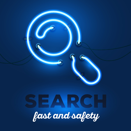 Vector illustration of realistic neon magnifier with wires and text search, fast and safety on dark blue background. Glowing neon light tube art style design for search themeのイラスト素材