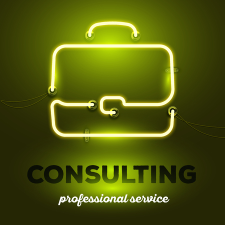 Vector illustration of realistic neon business briefcase with wires and text consulting, professional service on dark green background. Glowing neon light tube art style design for business consulting themeのイラスト素材