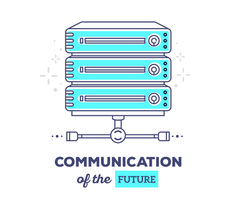 Vector illustration of blue data server with text communication of the future on white background. Communication concept. Hand draw flat thin line art style design of data server for communication, data server, center themeのイラスト素材