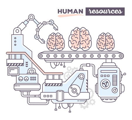 Vector illustration of creative professional mechanism to produce brain on the conveyor belt with text human resources on white background. Draw flat thin line art style design for human resources, brainstorm themeのイラスト素材