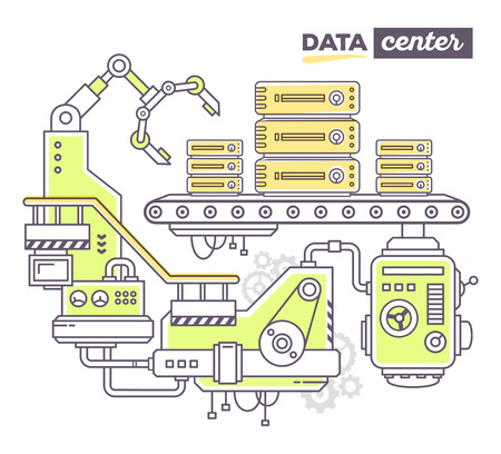 Vector illustration of creative professional mechanism to produce server on the conveyor belt with text data center on white background. Draw flat thin line art style design for data center, server, information themeのイラスト素材
