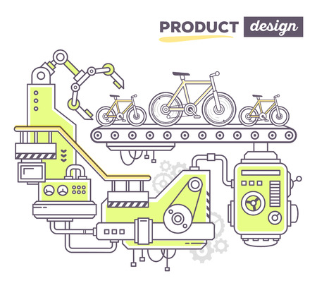 Vector illustration of creative professional mechanism to produce new bicycle on the conveyor belt with text product design on white background. Draw flat thin line art style design for sport bicycle product design themeのイラスト素材