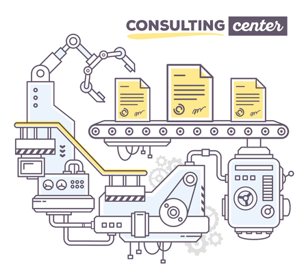 Vector illustration of creative professional mechanism to produce contract on the conveyor belt with text consulting center on white background. Draw flat thin line art style design for business consulting themeのイラスト素材