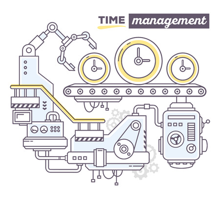 Vector illustration of creative professional mechanism to produce clock on the conveyor belt with text time management on white background. Draw flat thin line art style design for business time management themeのイラスト素材