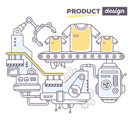 Vector illustration of creative professional mechanism to produce sport clothes on the conveyor belt with text product design on white background. Draw flat thin line art style design for sport clothes, product design themeのイラスト素材