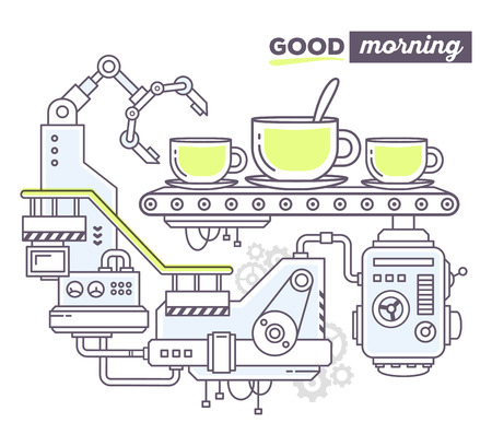 Vector illustration of creative professional mechanism to make a coffee on the conveyor belt with text good morning on white background. Draw flat thin line art style design for coffee machine, maker, break, time themeのイラスト素材
