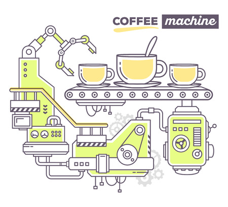 Vector illustration of creative professional mechanism to make a coffee on the conveyor belt with text coffee machine on white background. Draw flat thin line art style design for coffee machine, maker, break, time themeのイラスト素材