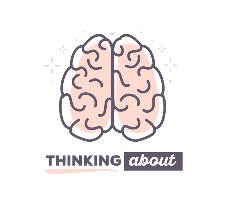 Vector illustration of creative brain with text thinking about on white background. Creative ideas concept. Hand draw flat thin line art style monochrome design of brain pink color for creative idea, brainstorm themeのイラスト素材