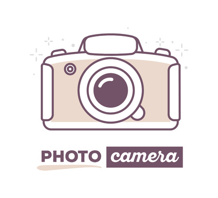 Vector illustration of creative photo camera with text photo camera on white background. Creative camera concept. Hand draw flat thin line art style monochrome design of photo camera for camera review themeのイラスト素材