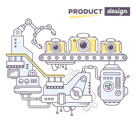 Vector illustration of creative professional mechanism to produce photo camera on the conveyor belt with text product design on white background. Draw flat thin line art style design for camera review, product design themeのイラスト素材
