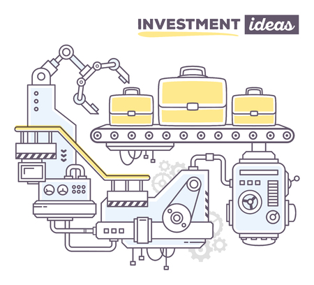 Vector illustration of creative professional mechanism to produce briefcase on the conveyor belt with text investment ideas on white background. Draw flat thin line art style design for business finance, investment ideas themeのイラスト素材