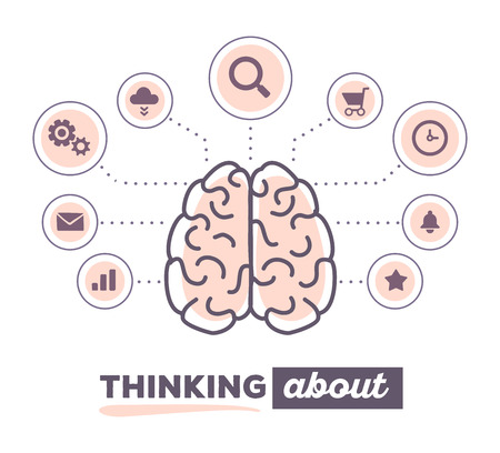 Vector illustration creative infographic of brain with icons and text thinking about on white background. Creative ideas concept. Hand draw flat thin line art style design of brain pink color for creative idea, brainstorm themeのイラスト素材